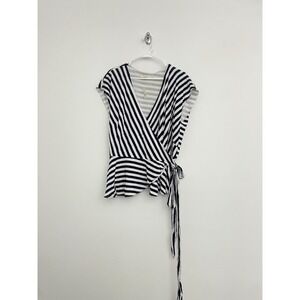 Ann Taylor Loft Wrap Top Women XL Navy Blue Striped V Neck‎ Office Classic Tie